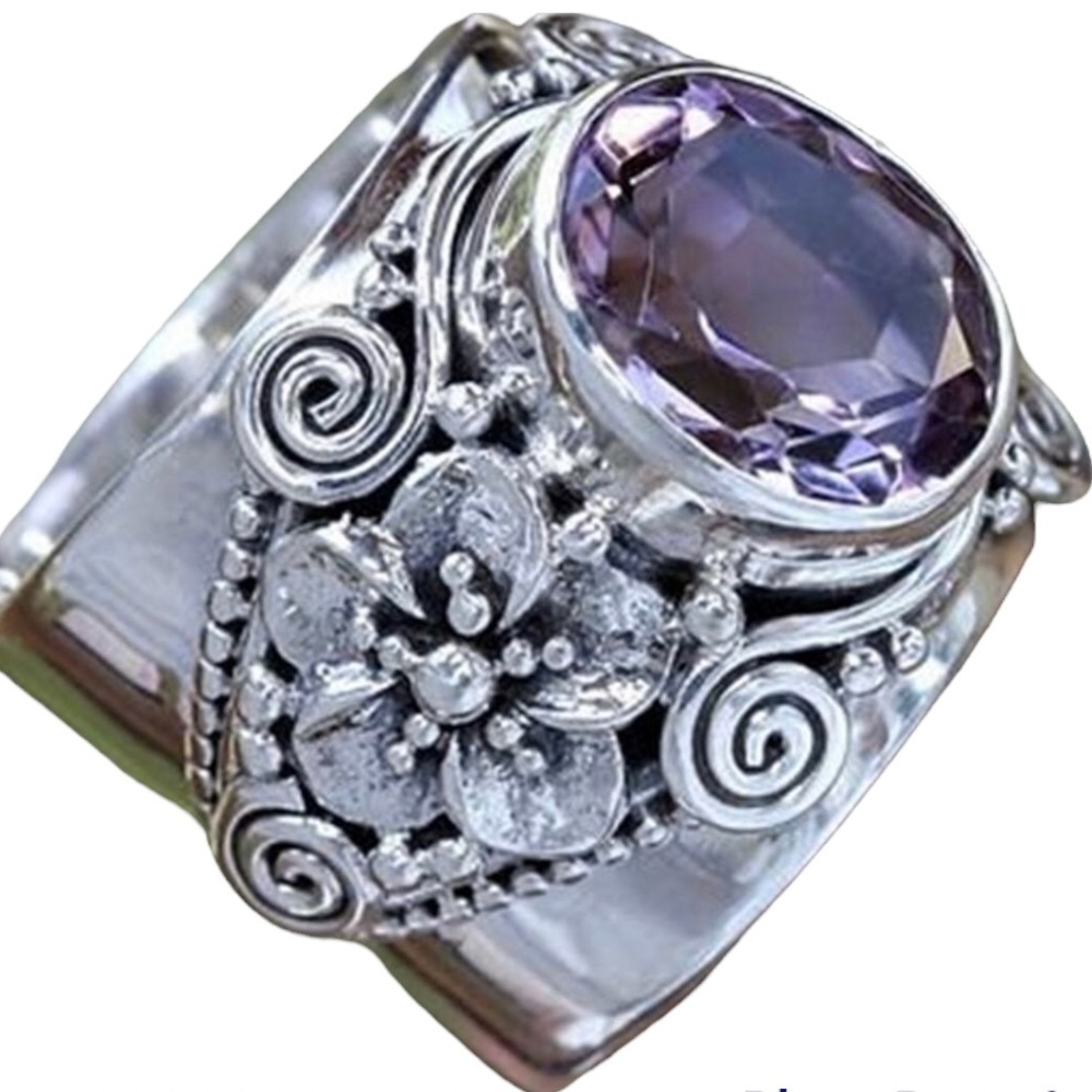 Unisex Size 9 Amethyst Silver Ring